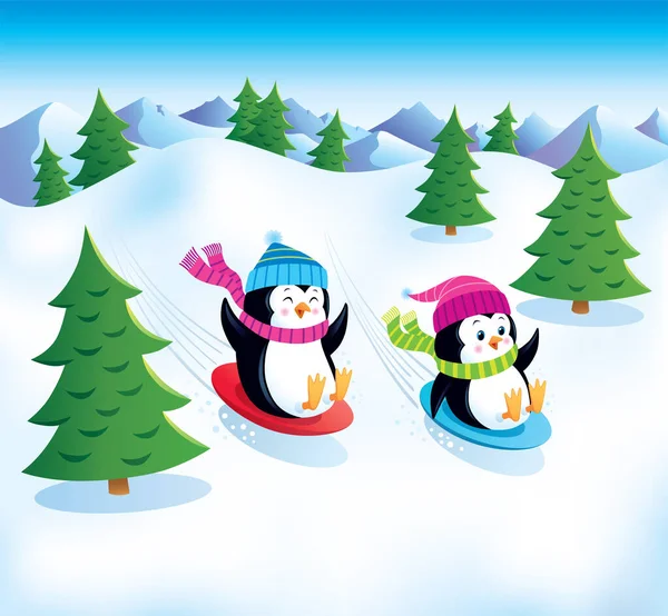 Cartoon Two Cute Happy Penguins Knit Caps Scarves Sledding Snowy — Stock Photo, Image