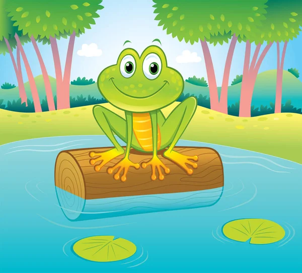 Cartoon of a smiling frog character sitting on top of a log in a pond with a few lily pads in the water.