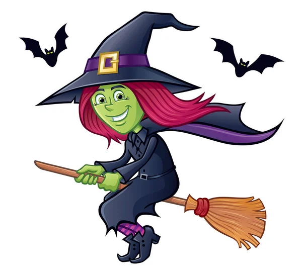 Cartoon Cute Smiling Witch Red Hair Flying Her Broomstick Two Stock Picture