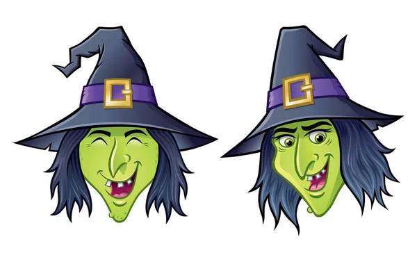 Cartoons Van Twee Halloween Boze Heksengezichten Een Lacht Met Gesloten — Stockfoto