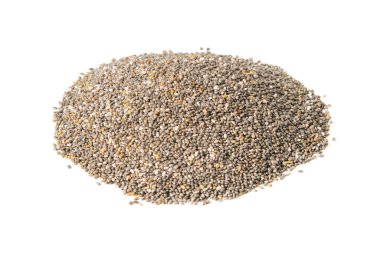 Beyaz arka planda izole Chia tohumları. Ön manzara, yakın plan..