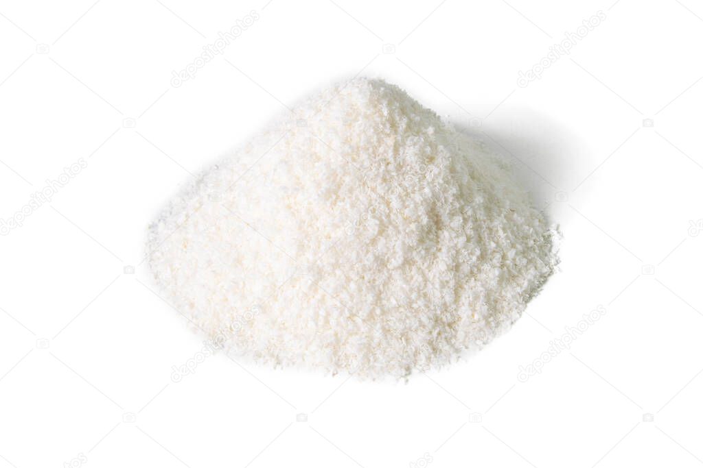 Heap of coconut flour isolated on white background. Front views, close-up.