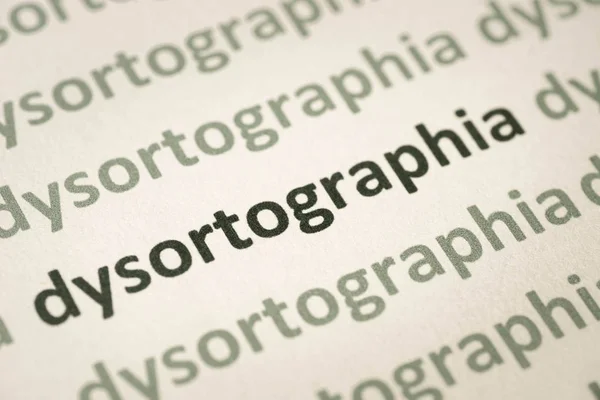 Mot Dysortographie Imprimé Sur Papier Blanc Macro — Photo