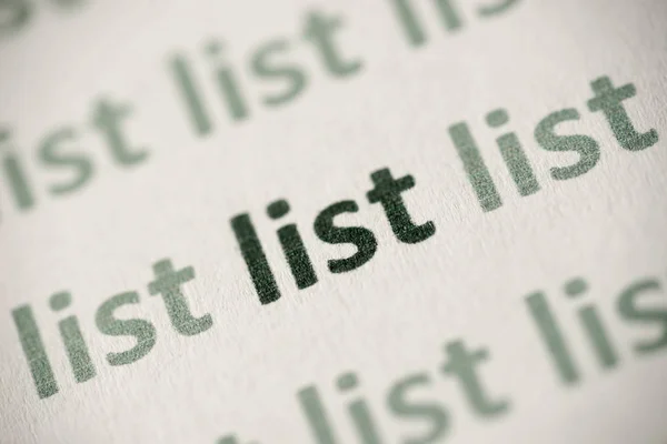 Λίστα Λέξεων Που Εκτυπώνονται Λευκό Χαρτί Μακροεντολής — Φωτογραφία Αρχείου