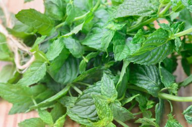 ahşap masa makro'demet taze nane yaprakları