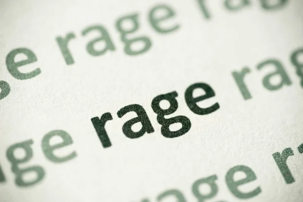 Rage Palavra Impressa Papel Branco Macro — Fotografia de Stock