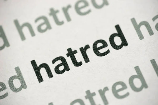 Nienawiść Słowo Drukowane Białym Papierze Makro — Zdjęcie stockowe