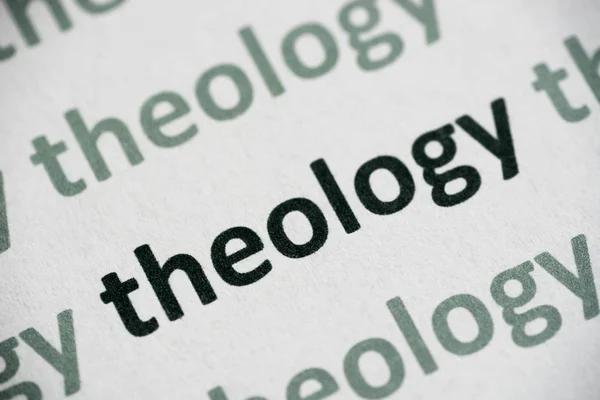 Teologia Słowo Drukowane Białym Papierze Makro — Zdjęcie stockowe