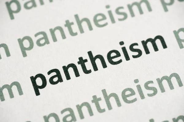 Panteizm Słowo Drukowane Białym Papierze Makro — Zdjęcie stockowe