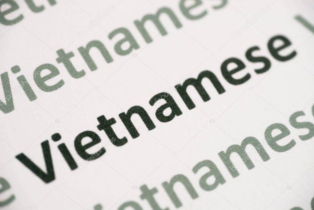 word Vietnamese language printed on white paper macro