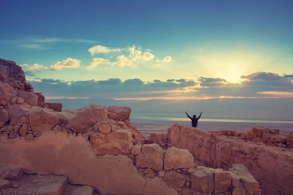 Sunrise Masada Fortress Silhouette Man Hands Air Looking Magical Sunset — Stock Photo, Image