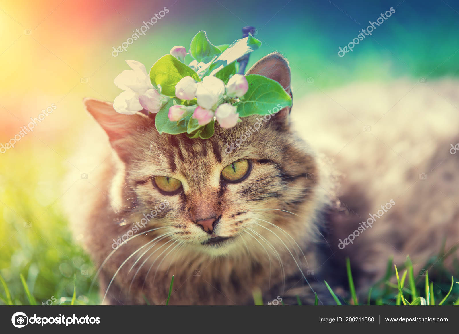 Portrait Chat Siberien Exterieur Avec Des Fleurs Printanieres Sur Tete Image Libre De Droit Par Vvvita C