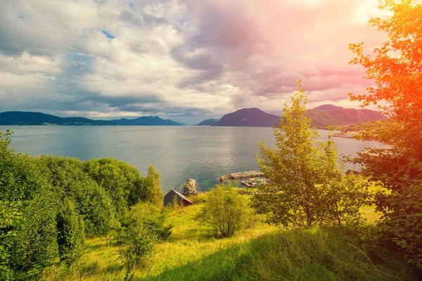 Rotsachtige Kust Wildernis Noorwegen Luchtfoto Van Zee Vanaf Berg Aksla — Stockfoto