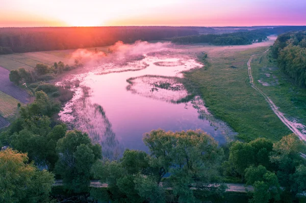 Früh Morgens Wildnis Luftaufnahme Von Landschaft Und Fluss — Stockfoto