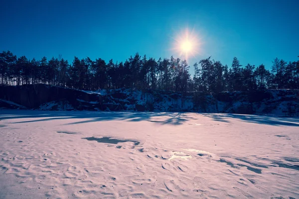 Kışın Orman Kenarı Akşam Donmuş Göl — Stok fotoğraf