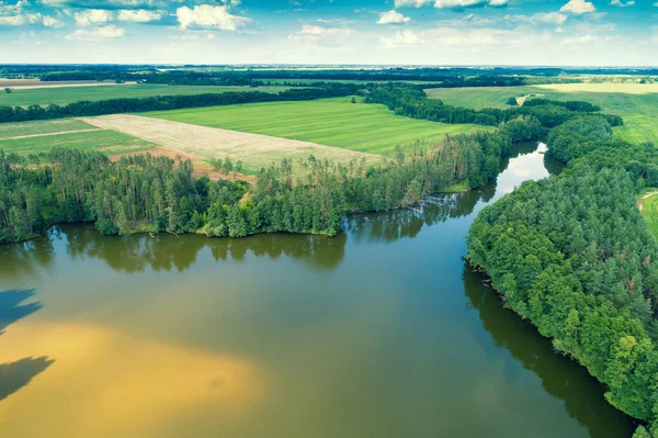 Letecký Pohled Krajinu Řeku Les Podél Řeky — Stock fotografie