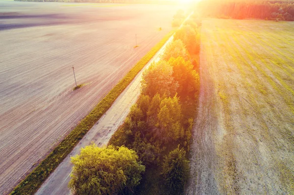 Aerial view of a country road at sunset. Rural evening landscape