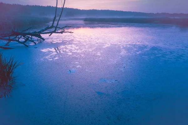 Blick Auf Die Landschaft Und Den See Frühen Nebligen Morgen — Stockfoto