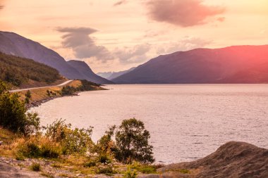 Akşam ışığı güzel fiyort. Yol boyunca fiyort. Norveç'in doğa