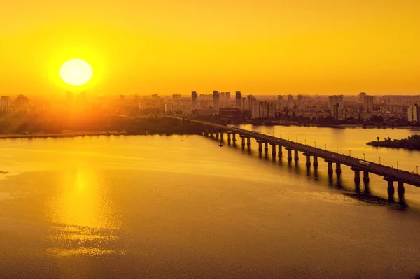 Skyline Kiev Városát Reggel Patona Híd Bal Partján Dnyeper Madarak — Stock Fotó