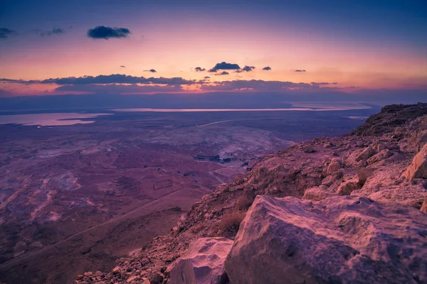 Vacker Soluppgång Över Masada Fästning Ruinerna Kung Herodes Palats Judeens — Stockfoto