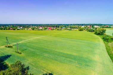 Kırsal ve yeşil alanlarının havadan görünümü. Güneşli bir günde kırsal manzara