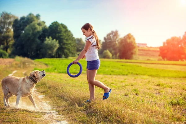 Chica Joven Con Perro Labrador Retriever Caminando Campo Perro Mirando — Foto de Stock