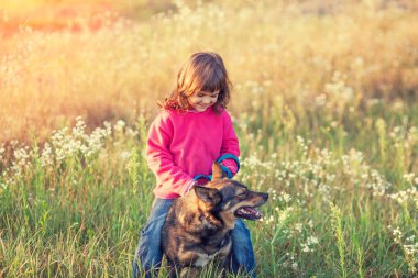 Çayırda sonbaharda oynarken onun köpek ile mutlu küçük kız