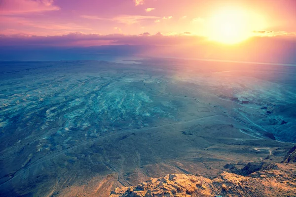 Vista Aérea Panorámica Desde Masada Hermoso Amanecer Sobre Desierto Judea —  Fotos de Stock