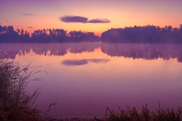 Sabah Erkenden Göl Üzerinde Sihirli Mor Gündoğumu — Stok fotoğraf