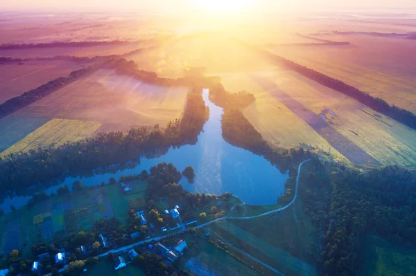 Sonnenaufgang Über Der Landschaft Nebliger Morgen Ländliche Landschaft Luftaufnahme Von — Stockfoto