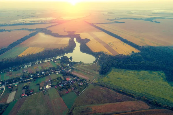 Východ Slunce Nad Krajinou Mlhavé Ráno Venkovské Krajiny Letecký Pohled — Stock fotografie