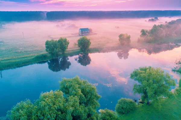 Frühmorgens Morgengrauen Über Dem Fluss Ländliche Landschaft Schöne Natur — Stockfoto
