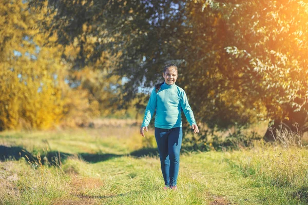 Happy Little Girl Walking Rural Road Countryside — Stock Photo, Image