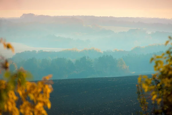 Campo Coltivabile Contro Montagne Autunno Mattino Presto Nebbioso Paesaggio Rurale — Foto Stock