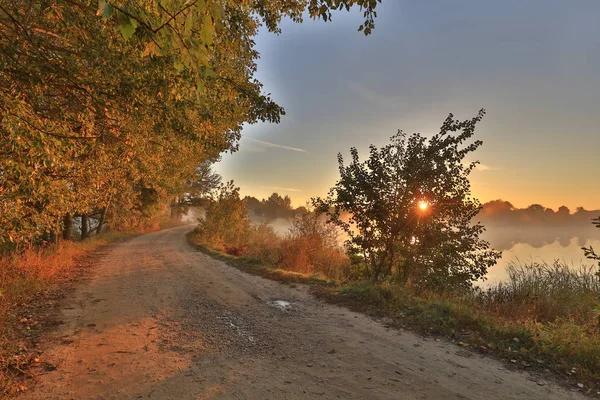 Estrada Rural Outono Manhã Nebulosa — Fotografia de Stock