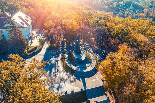 Taras Hill (Chernecha Hora) in Kaniv city in autumn at sunset.  Shevchenko National Preserve, Ukraine, Europe