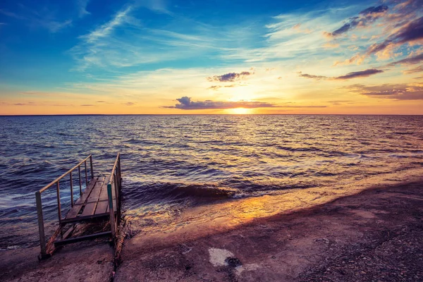 Захід Сонця Над Морем Пристані Море — стокове фото