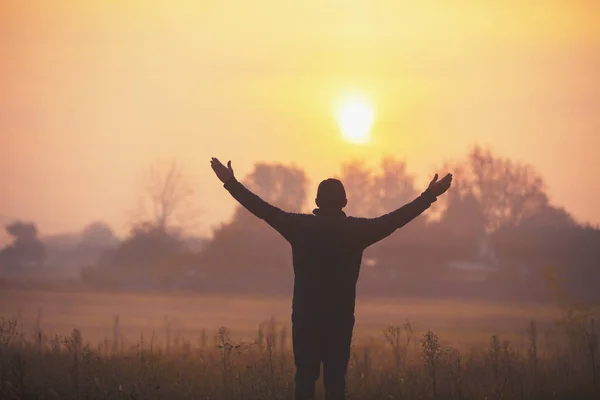 Happy Man Hands Air Standing Field Early Morning Looking Sunrise — Stock Photo, Image