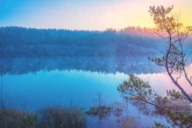 Sabah erkenden, dik kıyıları ile orman göl üzerinde gündoğumu