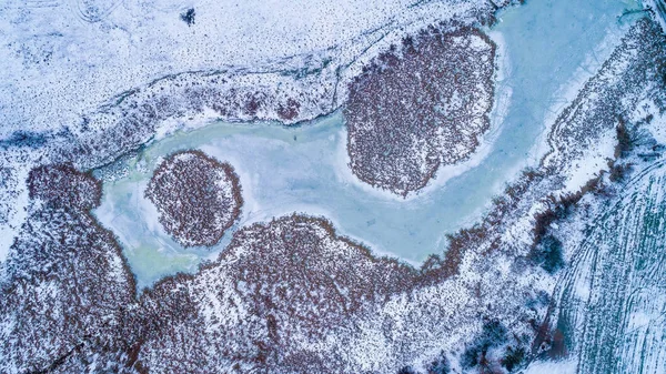 Paisagem Inverno Com Rio Congelado Vista Aérea Drones — Fotografia de Stock