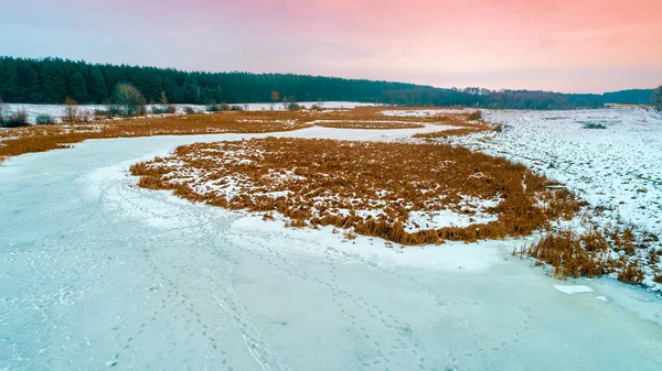 Зимовий Пейзаж Замерзлою Річкою Повітряний Вигляд Безпілотника — стокове фото