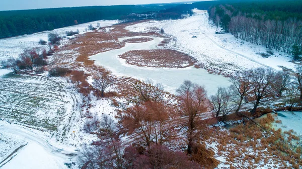 Paisaje Invernal Con Río Congelado Vista Aérea Del Dron — Foto de Stock