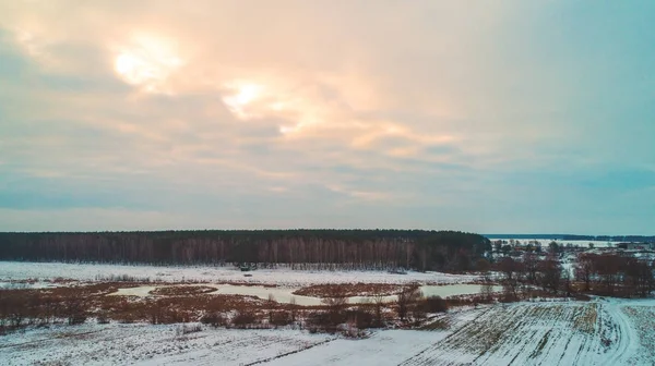 Paesaggio Invernale Con Fiume Ghiacciato Vista Aerea Drone — Foto Stock