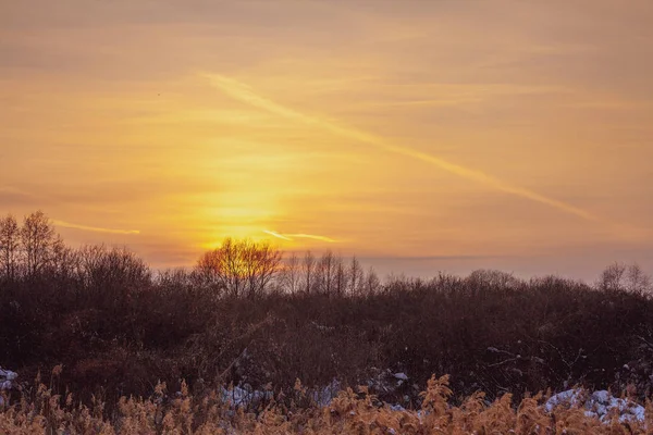 Paisagem Rural Inverno Campo Nevado Pôr Sol — Fotografia de Stock