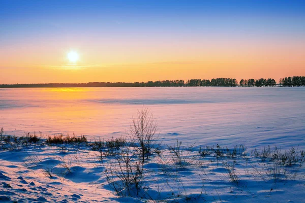 Rural Winter Landscape Snowy Field Sunset Light — Stock Photo, Image