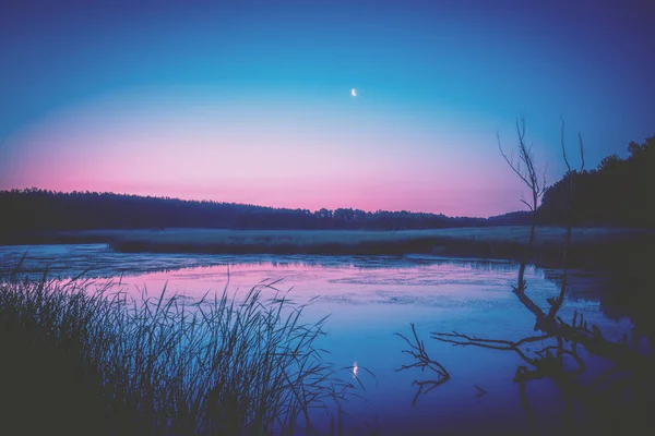 Magica Alba Viola Sul Lago Mattina Nebbiosa Paesaggio Rurale Deserto — Foto Stock