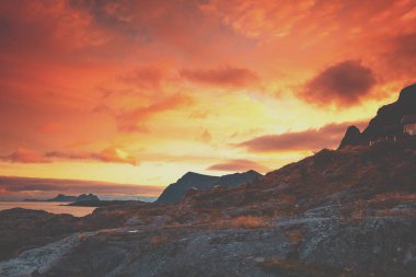 Kayalık sahil akşam. Günbatımı güzel Körfezi üzerinden. Norveç, Lofoten Adaları güzel vahşi doğa