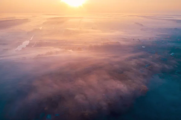 Ранній Туманний Ранок Вид Повітря Сільську Місцевість Сільську Дорогу — стокове фото