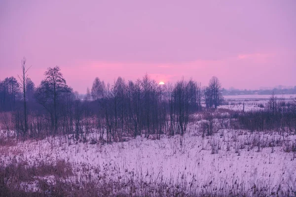 Paisaje Rural Invernal Atardecer Paisajes Nevados Invierno Campo Cubierto Nieve — Foto de Stock